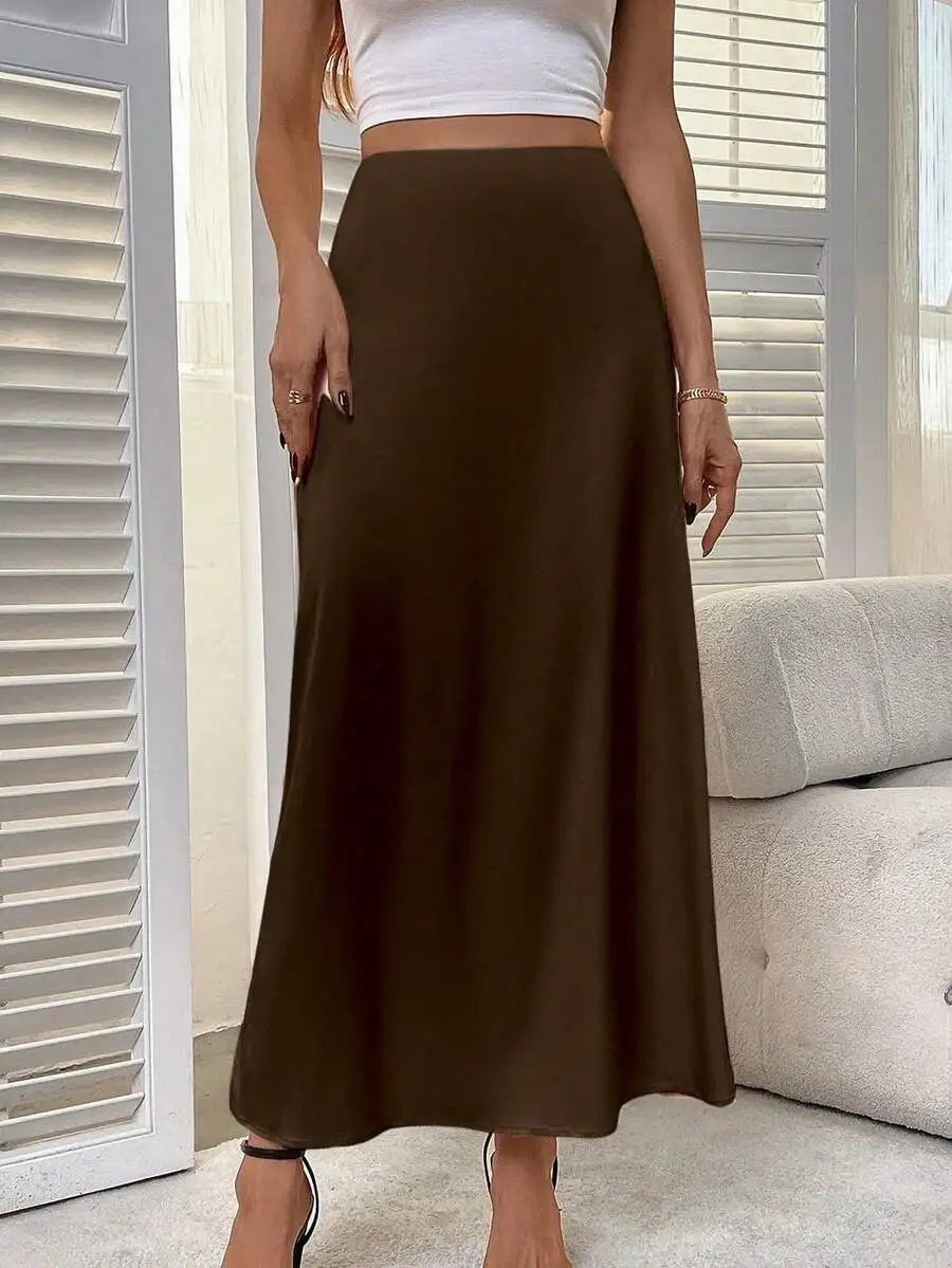 Women's Solid Brown Satin Midi Skirt with Side Slit and Slight Stretch