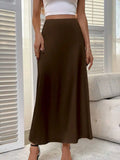 Women's Solid Brown Satin Midi Skirt with Side Slit and Slight Stretch