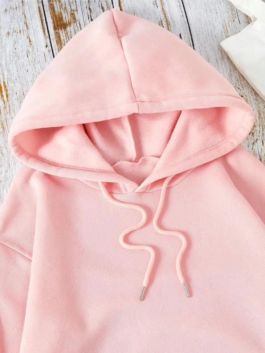Soft Pink Kangaroo Pocket Hoodie with Drawstring, Loose Fit Long Sleeve Pullover for Women