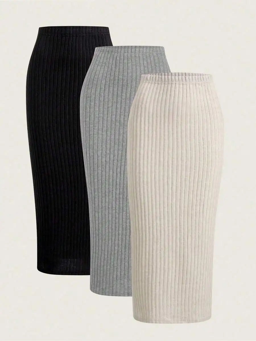 3-Pack High Waist Ribbed Knit Bodycon Skirt Set for Women - Black, Mauve, Cream