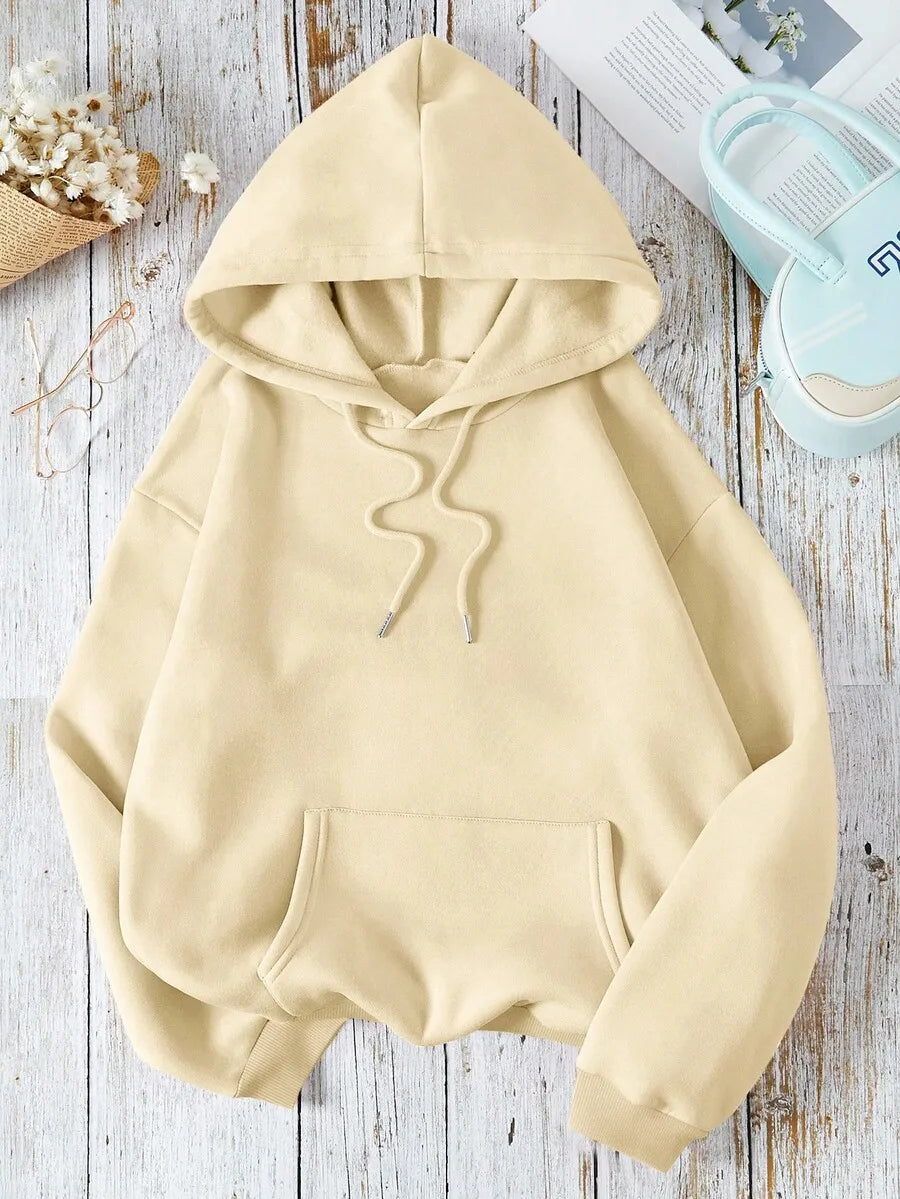 Soft Pink Kangaroo Pocket Hoodie with Drawstring, Loose Fit Long Sleeve Pullover for Women