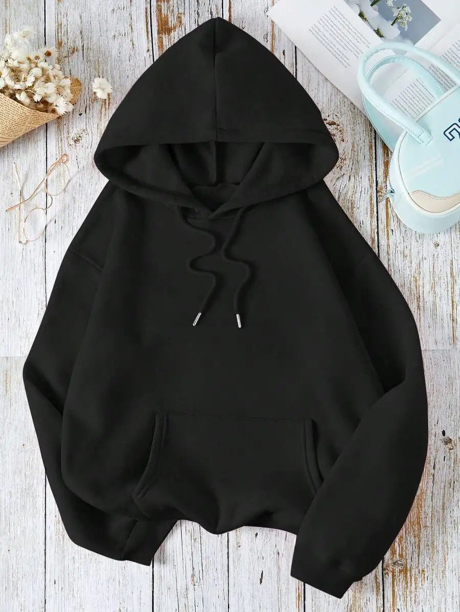 Soft Pink Kangaroo Pocket Hoodie with Drawstring, Loose Fit Long Sleeve Pullover for Women