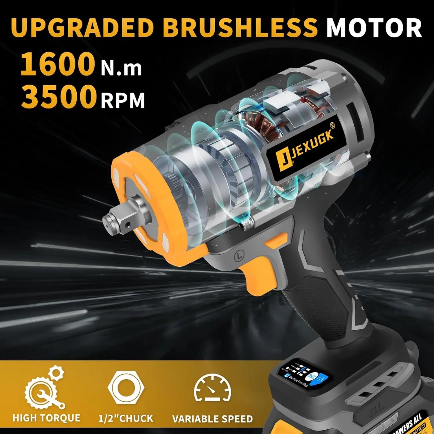 1600Nm Cordless Impact Wrench 21V 1/2' Brushless with 2x4.0Ah Batteries & 6 Sockets