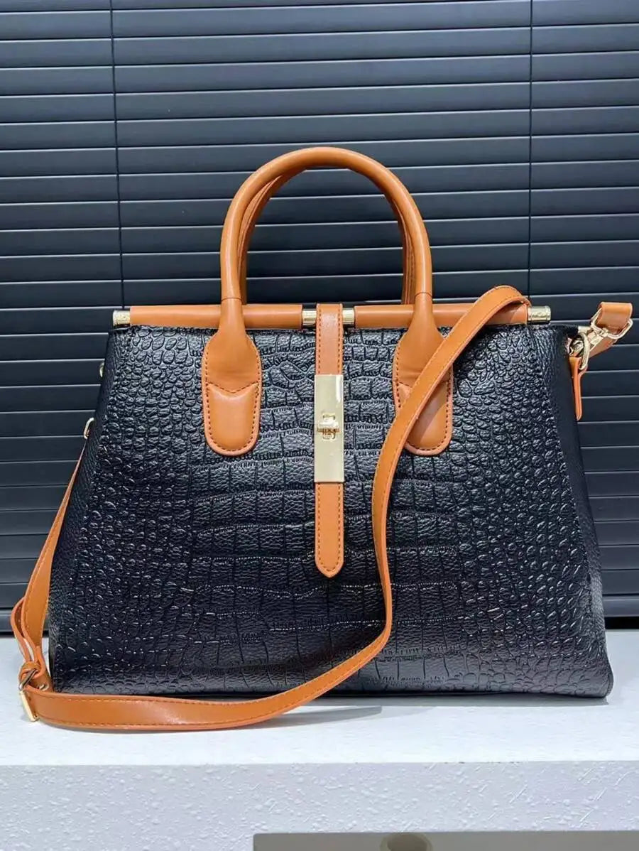 Crocodile-Embossed PU Leather Top-Handle Bag for Women, Large Capacity Office Bag