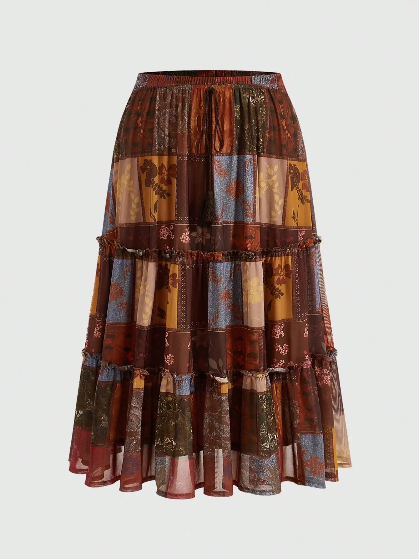 Plus Size Tiered Patchwork Print Vintage Midi Skirt with Ruffles