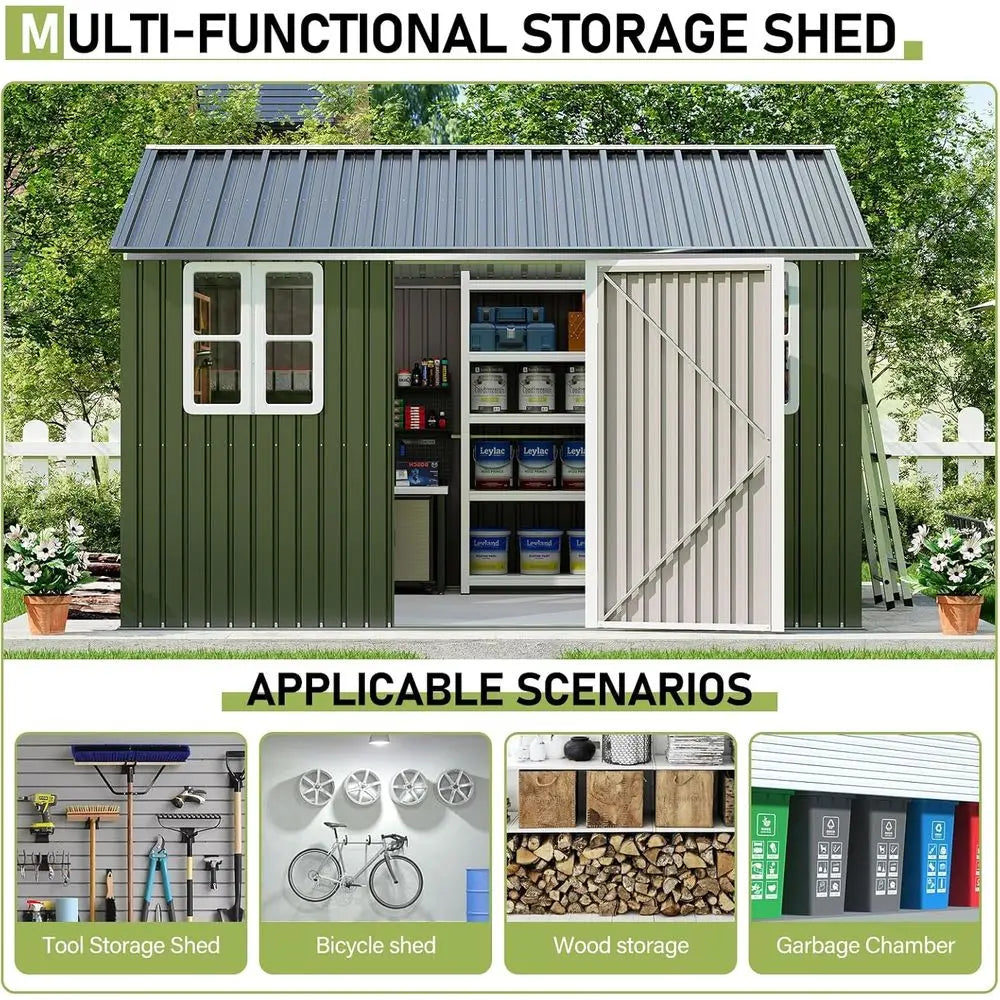 10 x 12 Outdoor Storage Shed with Lockable Door and 2 Windows, Grey/White for Garden and Patio