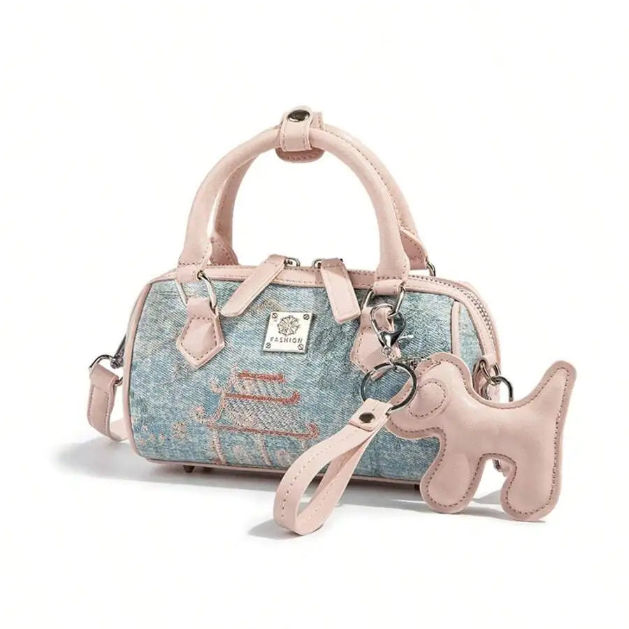 Pastel Pink Handle Bag with Embroidered Pagoda Motif, Boston Style Pillow Shape Crossbody for Women