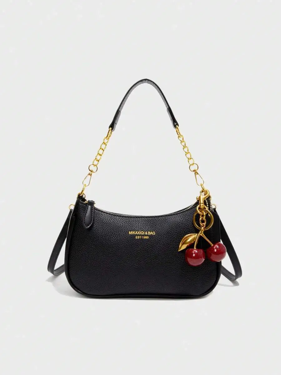 Black Pebbled PU Crescent Shoulder Bag with Gold Chain & Cherry Charm