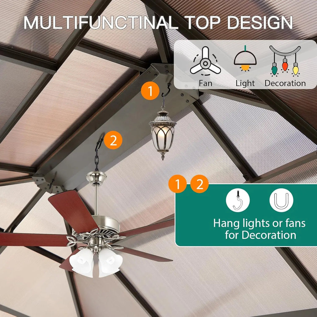 10x13 FT Hardtop Gazebo Aluminum Framed Outdoor Polycarbonate Double Roof Canopy Pavilion Netting Curtains for Patio Lawn Deck G