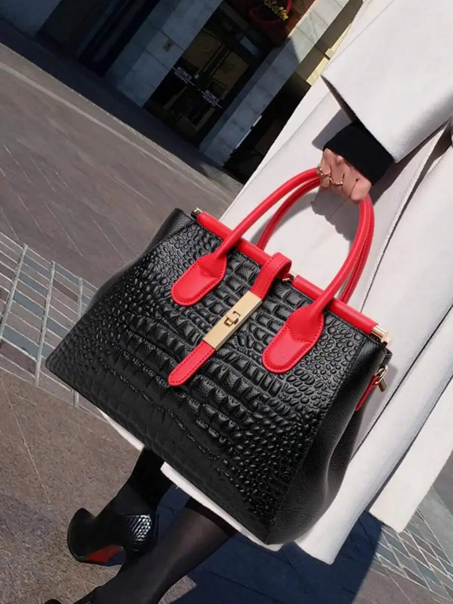 Crocodile-Embossed PU Leather Top-Handle Bag for Women, Large Capacity Office Bag