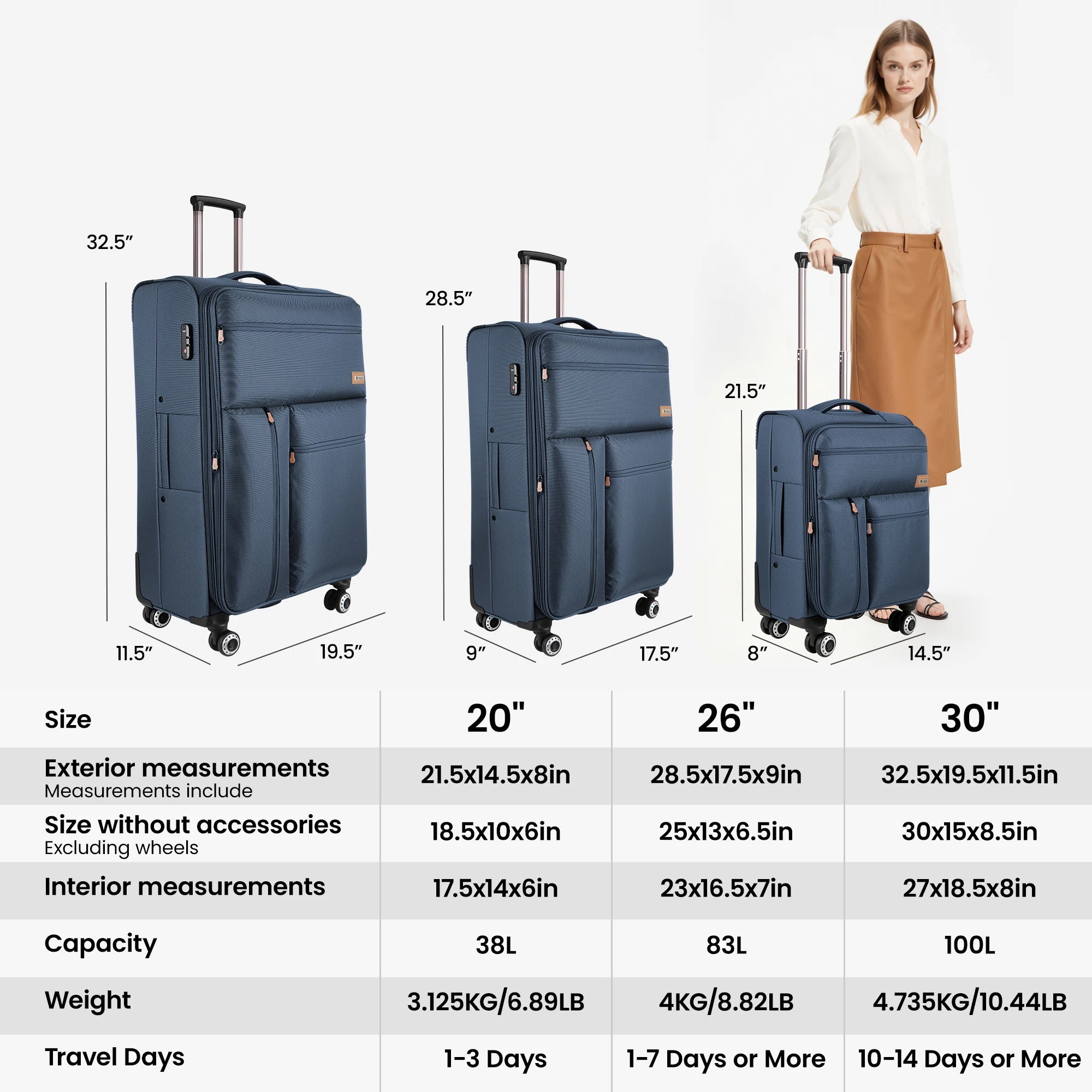 2 Piece Luggage Set Upright 360° Spinner Softshell Lightweight Luggage Wear-Resistant Rolling Travel Bag 20in+26in/20in+30in