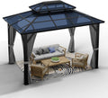 10x13 FT Hardtop Gazebo Aluminum Framed Outdoor Polycarbonate Double Roof Canopy Pavilion Netting Curtains for Patio Lawn Deck G