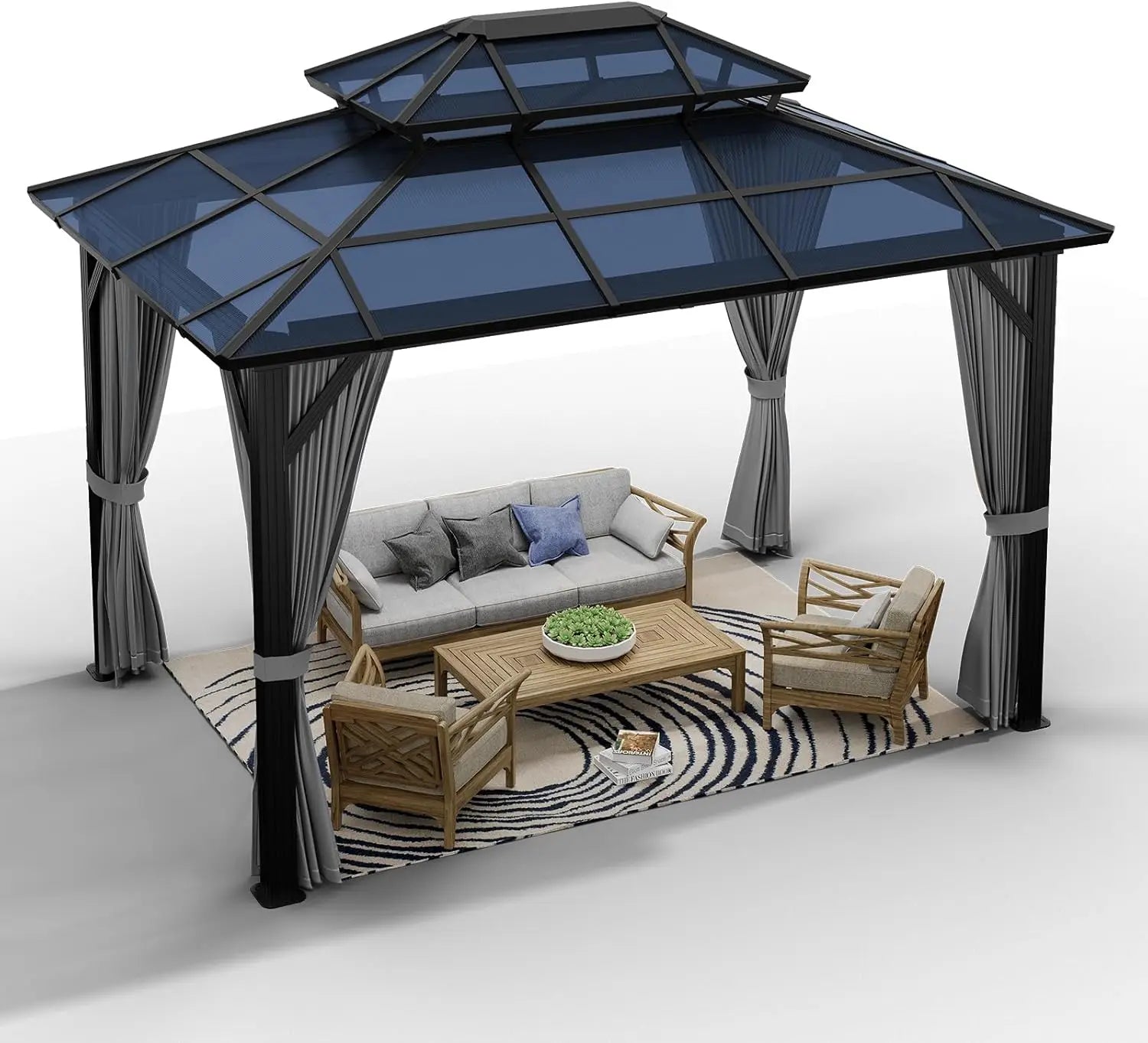 10x13 FT Hardtop Gazebo Aluminum Framed Outdoor Polycarbonate Double Roof Canopy Pavilion Netting Curtains for Patio Lawn Deck G