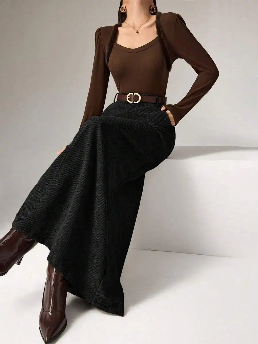 Women's Brown Solid Corduroy Midi Skirt with Belt, Loose Fit for Autumn Winter