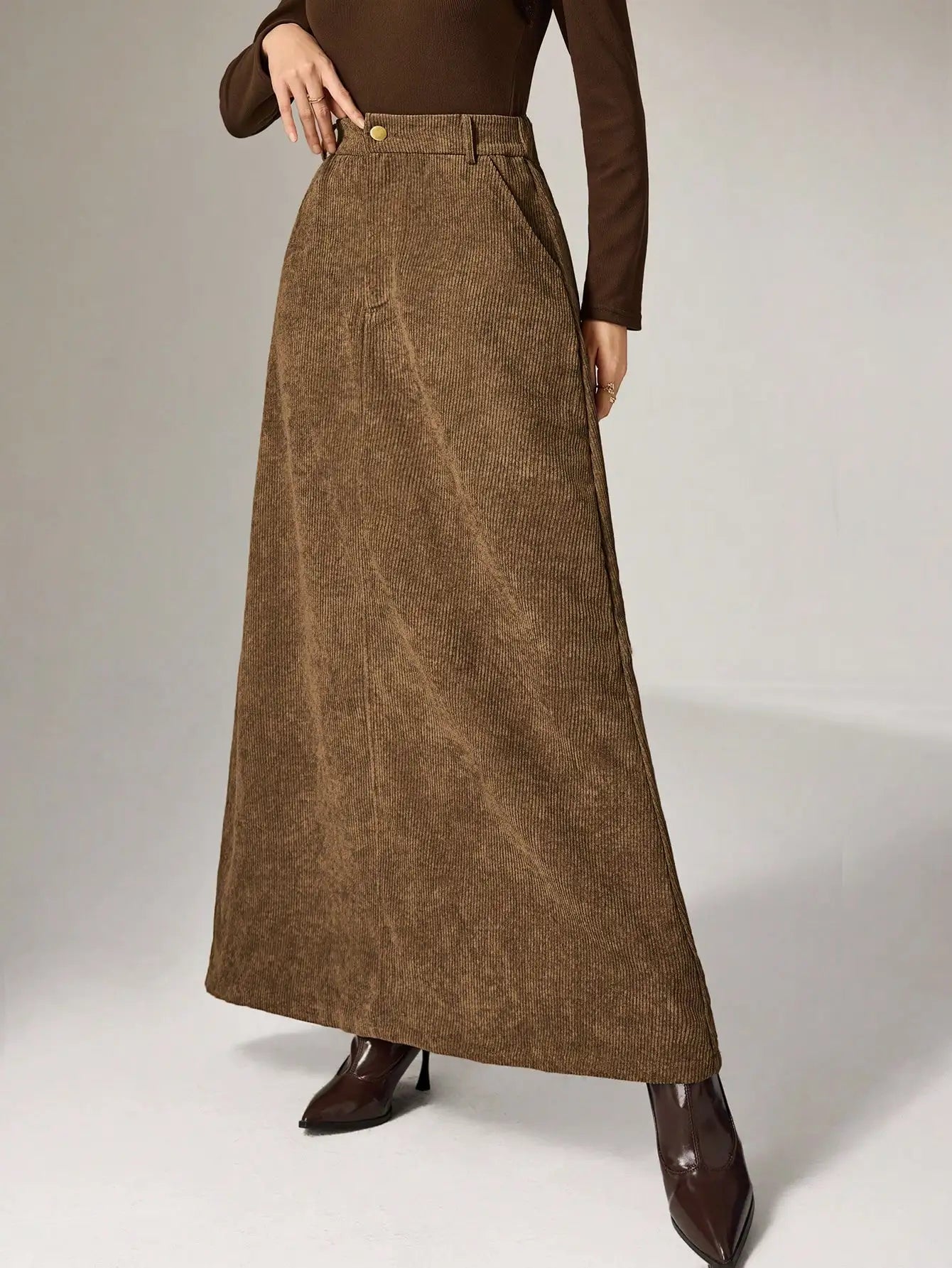 Women's Brown Solid Corduroy Midi Skirt with Belt, Loose Fit for Autumn Winter