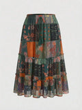 Plus Size Tiered Patchwork Print Vintage Midi Skirt with Ruffles