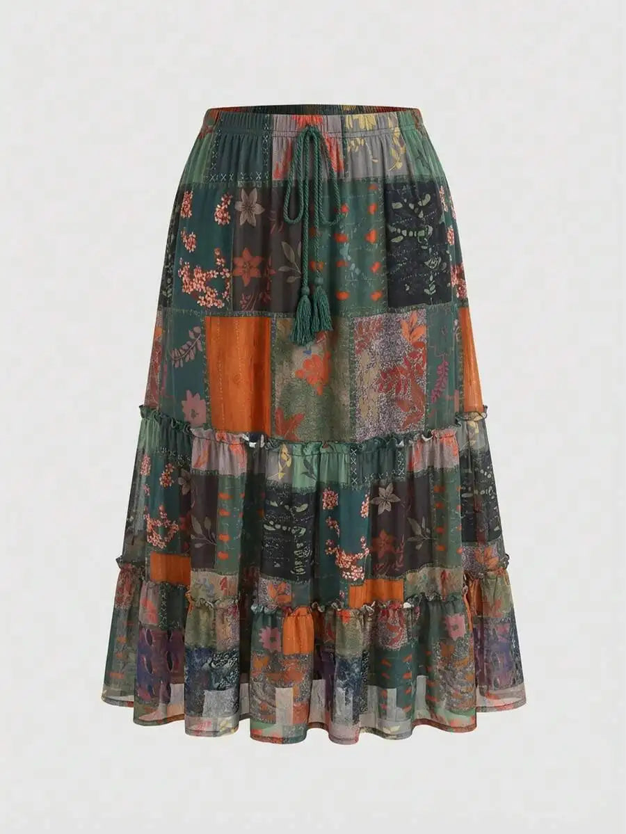 Plus Size Tiered Patchwork Print Vintage Midi Skirt with Ruffles