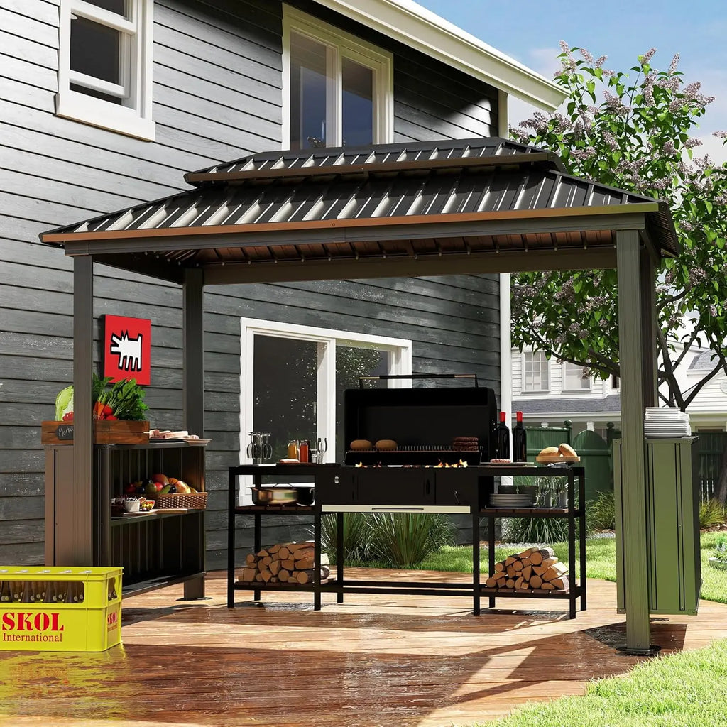 6x10ft Hardtop Grill Gazebo Outdoor Bbq Canopy Double Galvanized Steel Roof Patio Cabinets Ceiling Hooks Backyard Lawn Garden Br