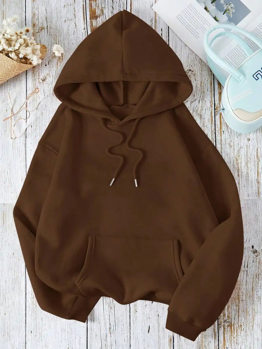 Soft Pink Kangaroo Pocket Hoodie with Drawstring, Loose Fit Long Sleeve Pullover for Women