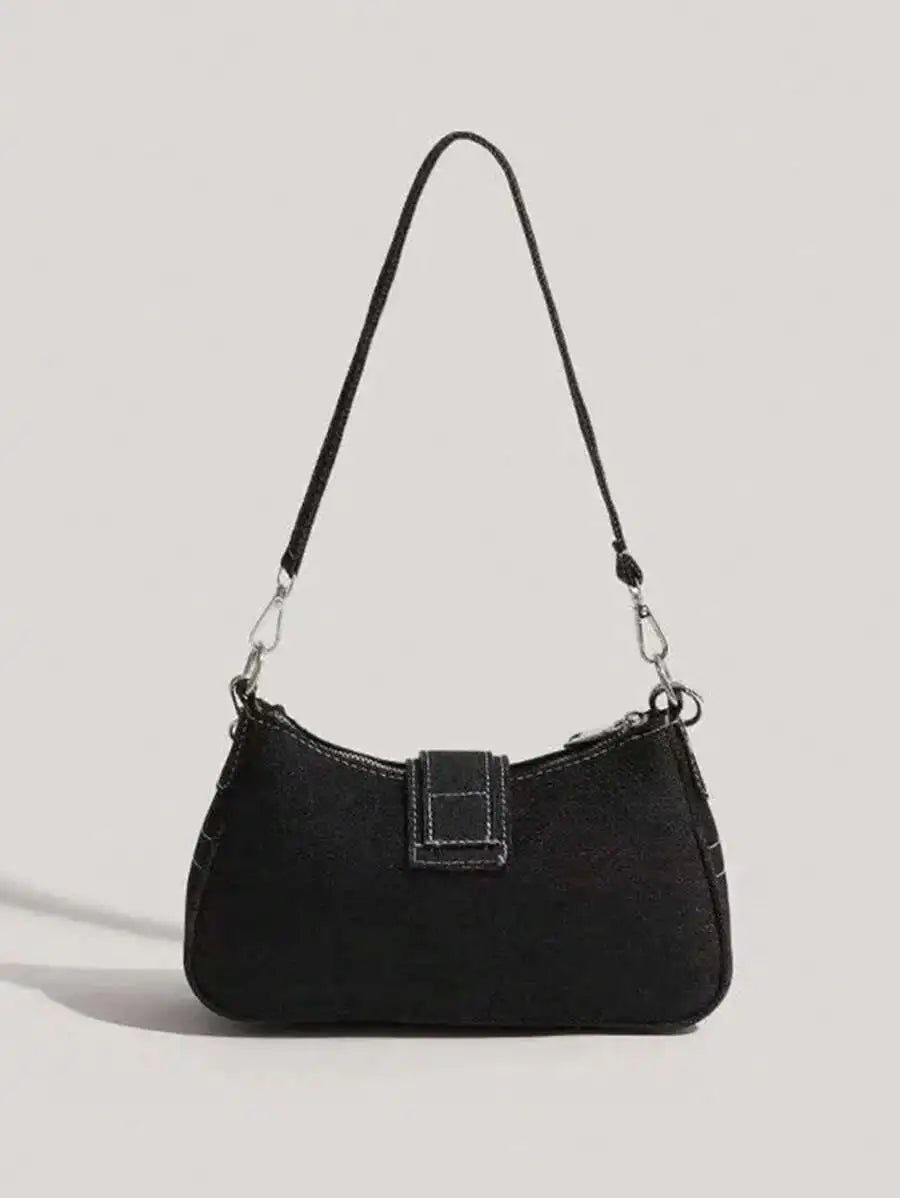Black Denim Mini Saddle Bag with Star Embroidery, Chain Strap & Buckle Detail