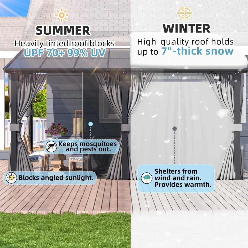 Large Wall Mounted Lean To Pergola Gazebo 20x12 Hard Top With Curtains Netting For Patio Lawn Backyard Garden Deck