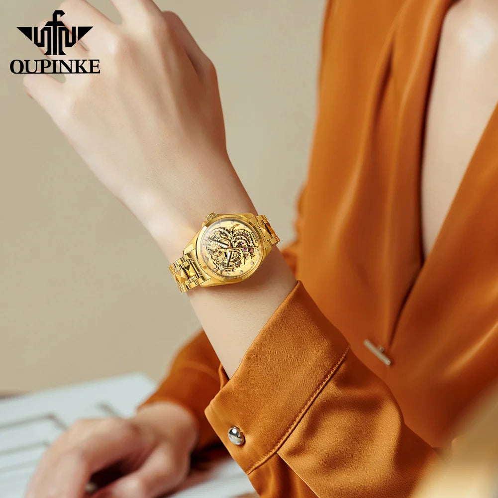 OUPINKE Top Luxury Women's Watches Golden Phoenix Dial Original Automatic Mechanical Watch for Lady Waterproof Luminous Gift Set