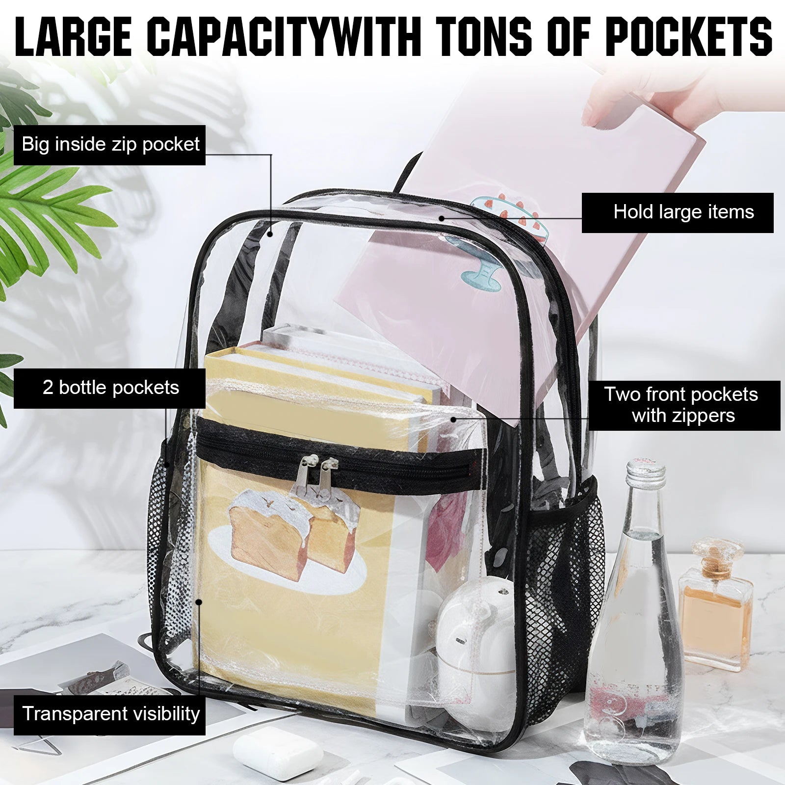 50 Pack PVC Clear Backpack Bulk Waterproof 15 Inch Transparent Bookbags for College Travel Sport Work Stadium Approved