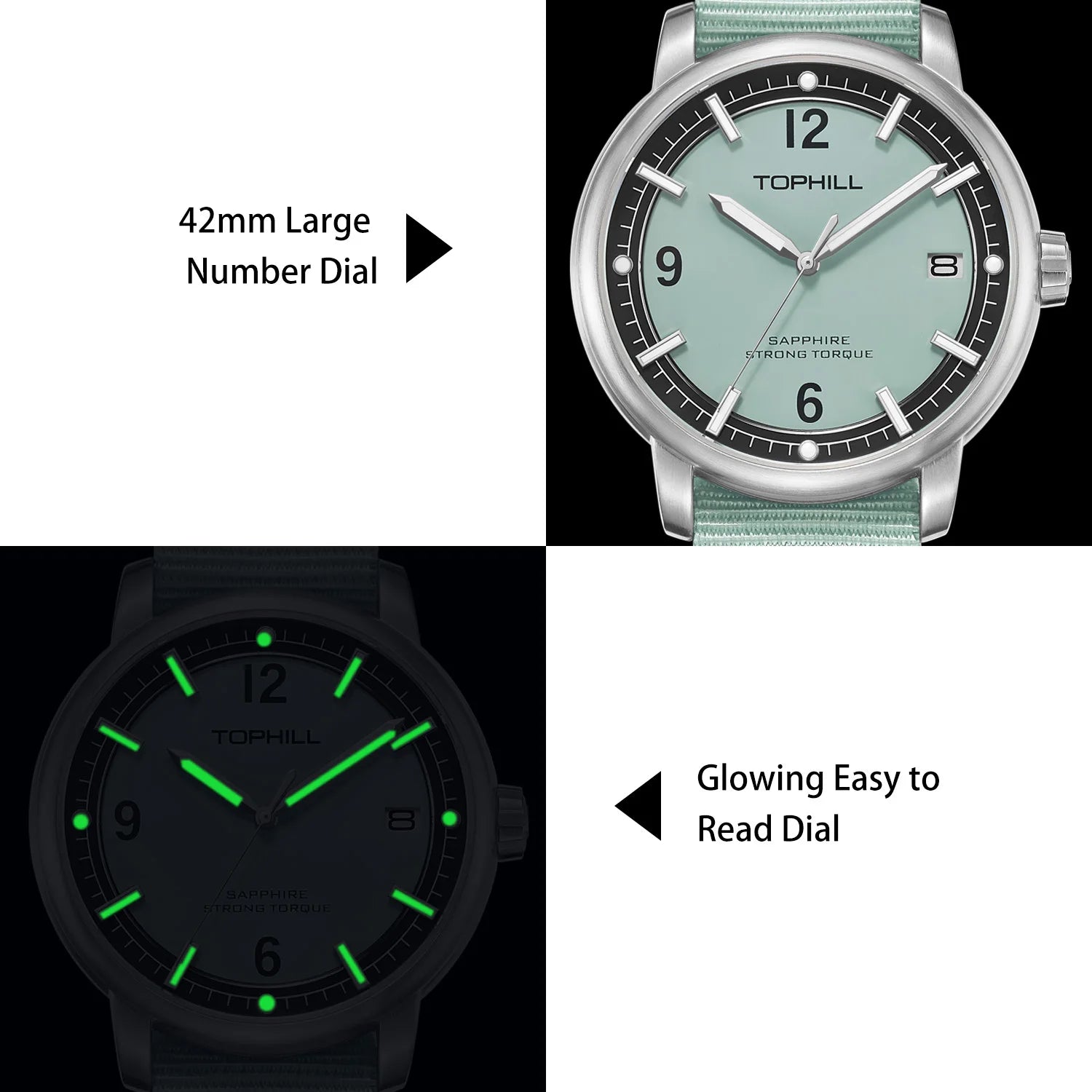 TOPHILL Fashion Quartz Watch for Men Green Luminous Sport Style Sapphire Vintage Design 2 Straps Included