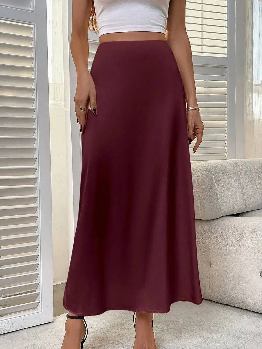 Women's Solid Brown Satin Midi Skirt with Side Slit and Slight Stretch