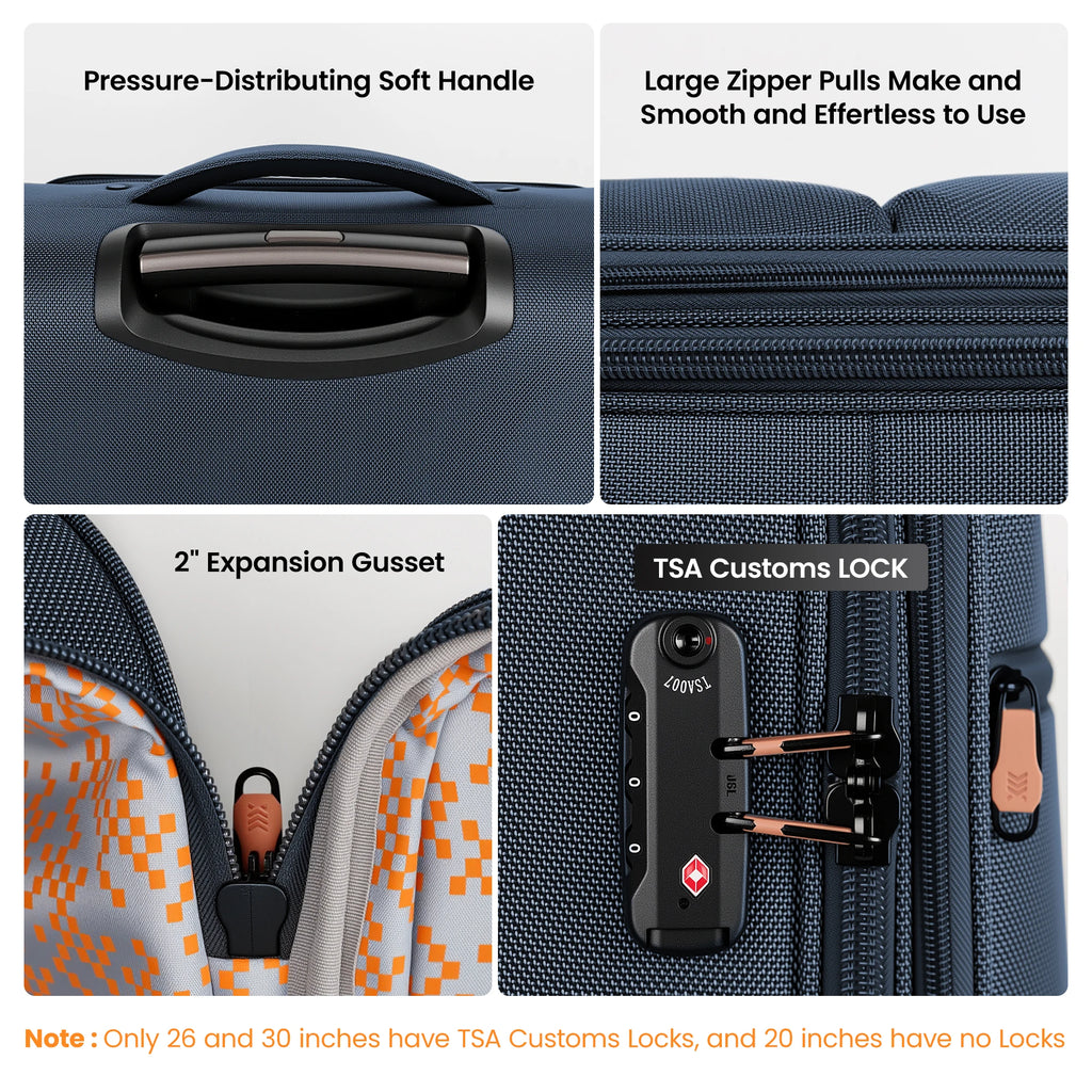 2 Piece Luggage Set Upright 360° Spinner Softshell Lightweight Luggage Wear-Resistant Rolling Travel Bag 20in+26in/20in+30in