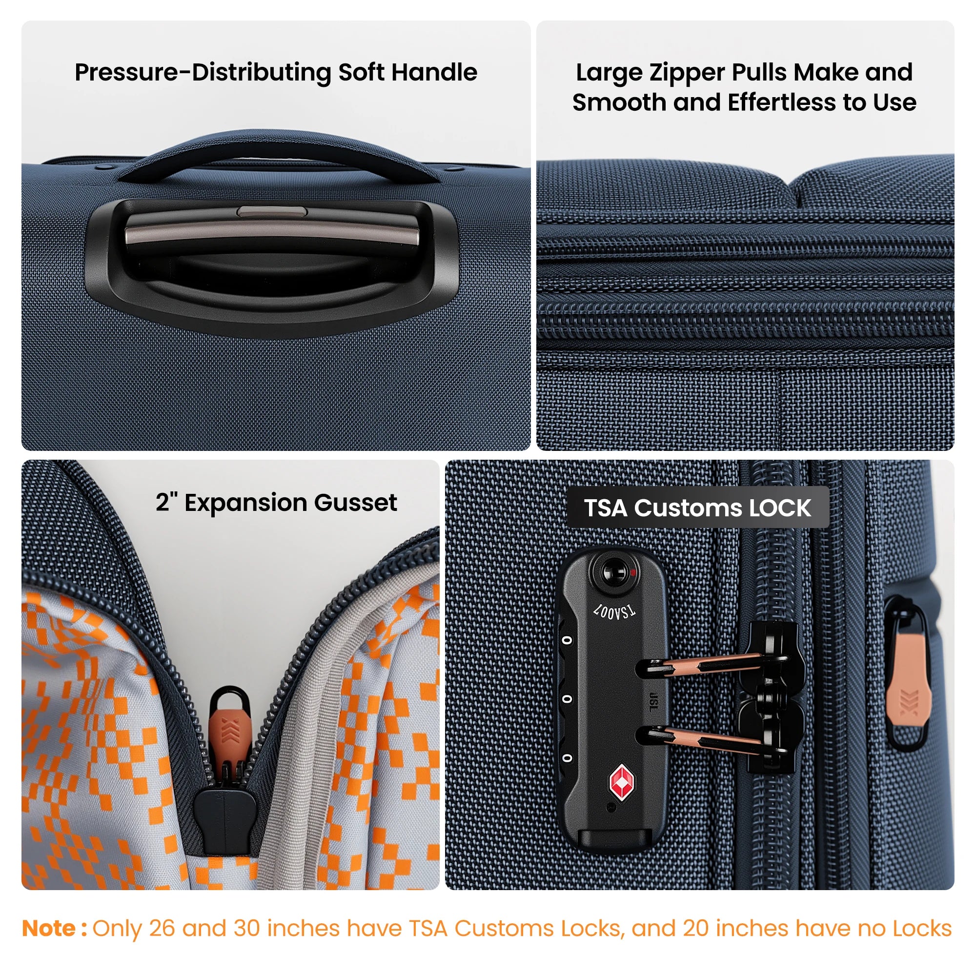 2 Piece Luggage Set Upright 360° Spinner Softshell Lightweight Luggage Wear-Resistant Rolling Travel Bag 20in+26in/20in+30in