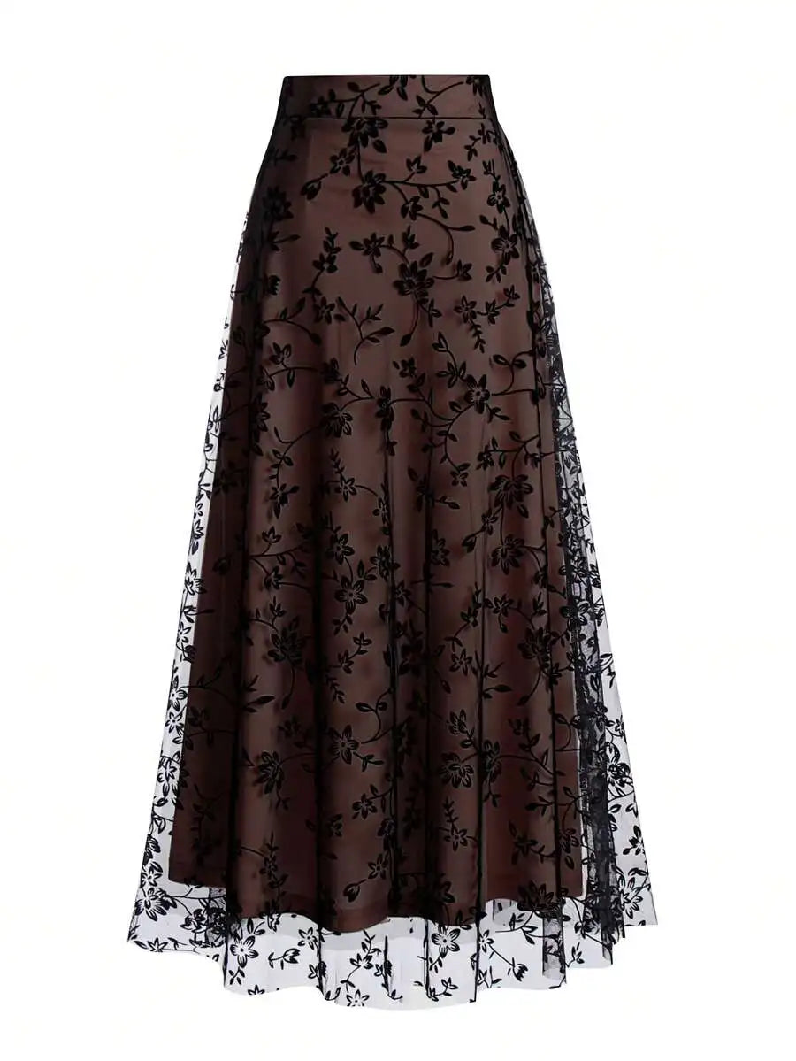 Women's High Waist Floral Embroidered Sheer Mesh A-Line Skirt, Vintage Romantic Style