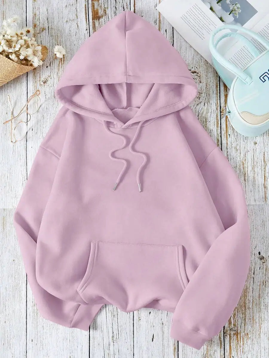 Soft Pink Kangaroo Pocket Hoodie with Drawstring, Loose Fit Long Sleeve Pullover for Women