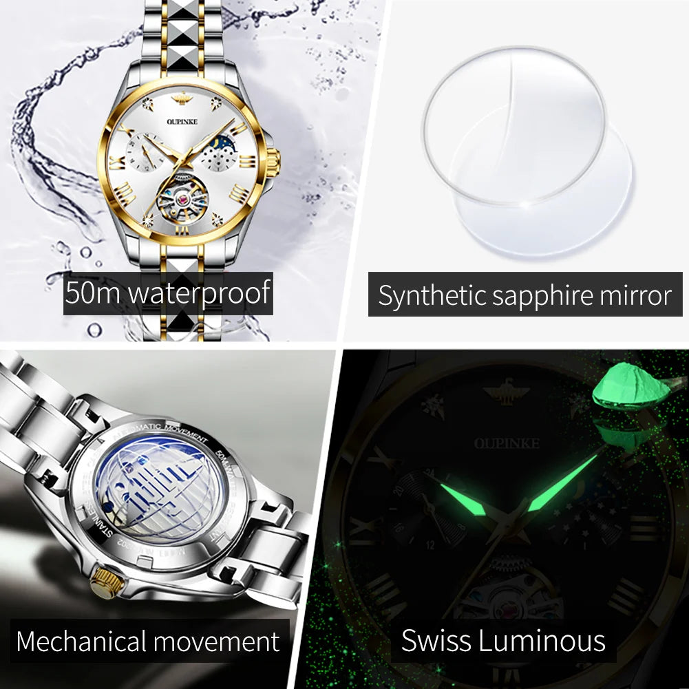 OUPINKE 3202 Women Watch Original Tungsten Steel Moon Phase Waterproof Watch Luxury Swiss Brand Women Automatic Mechanical Watch