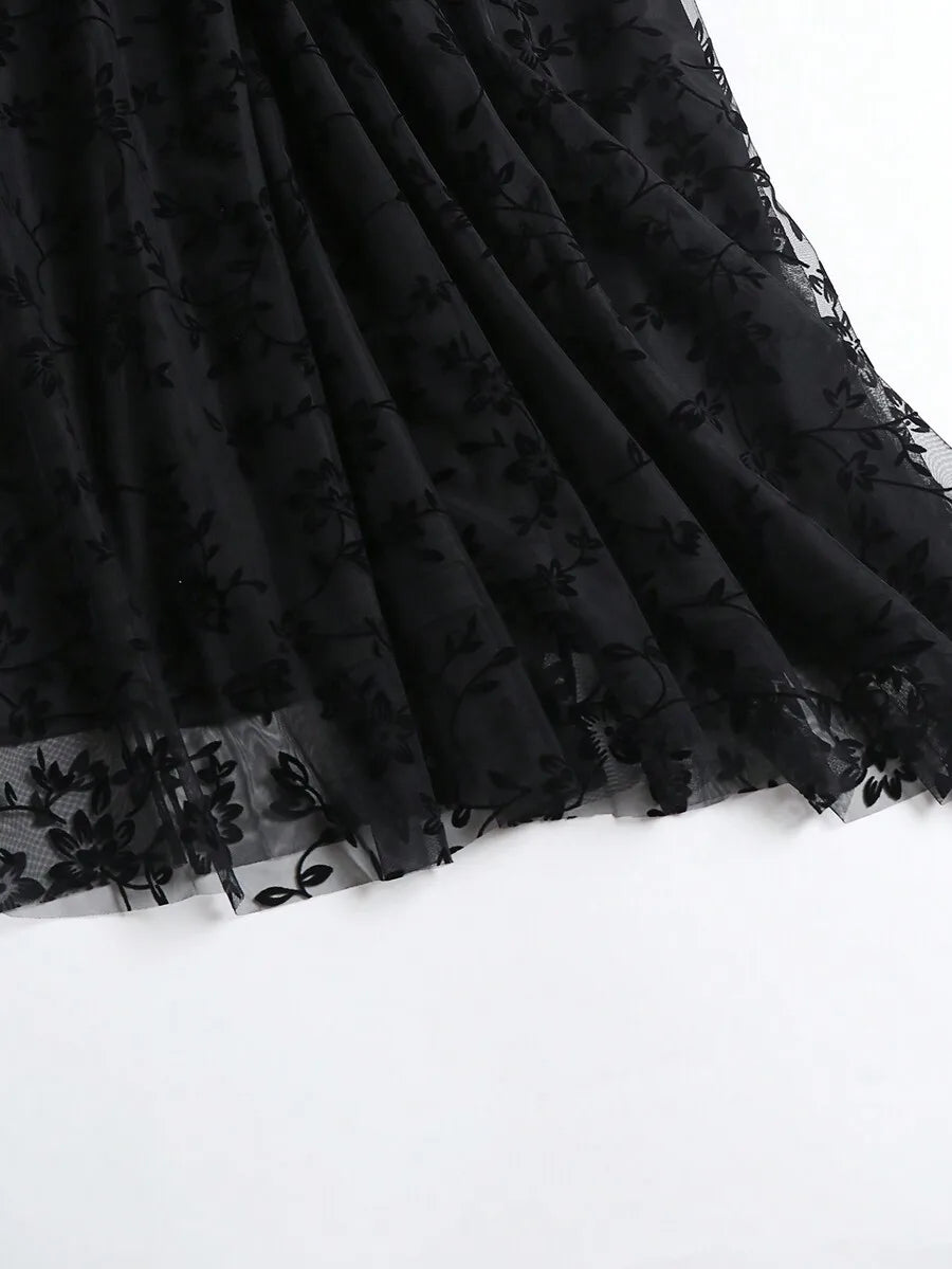 Women's High Waist Floral Embroidered Sheer Mesh A-Line Skirt, Vintage Romantic Style