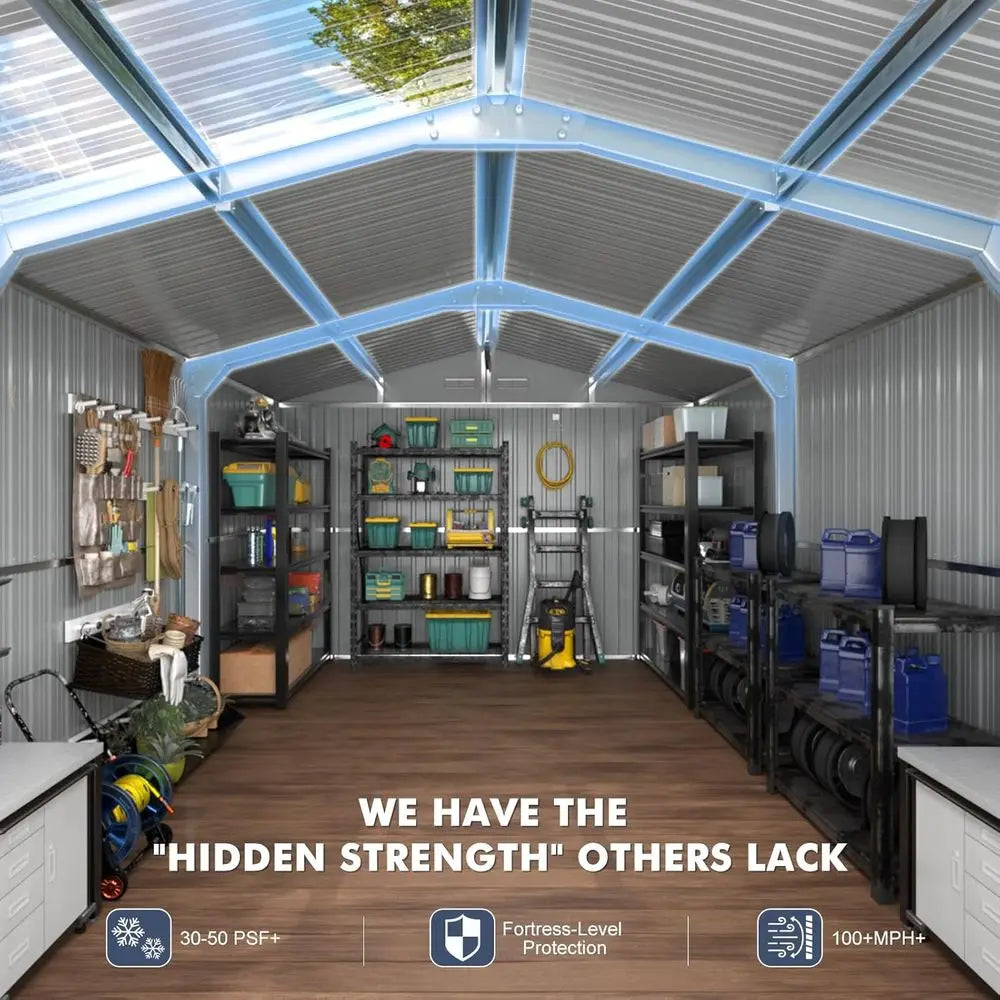 10x16 Large Galvanized Steel Garden Shed with Custom Skylight and Reinforced Structure