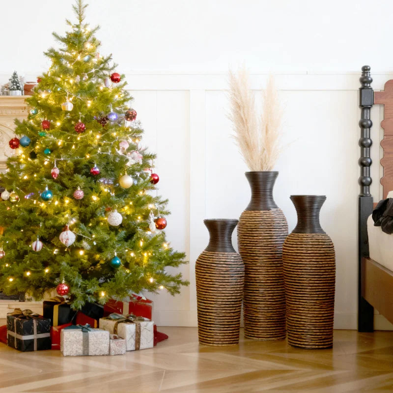 Set Of 3 Hand-Woven PVC Rattan Floor Vases 27.56in 23.62in 19.69in Tall Brown Striped Decorative Vases For Farmhouse Style USA
