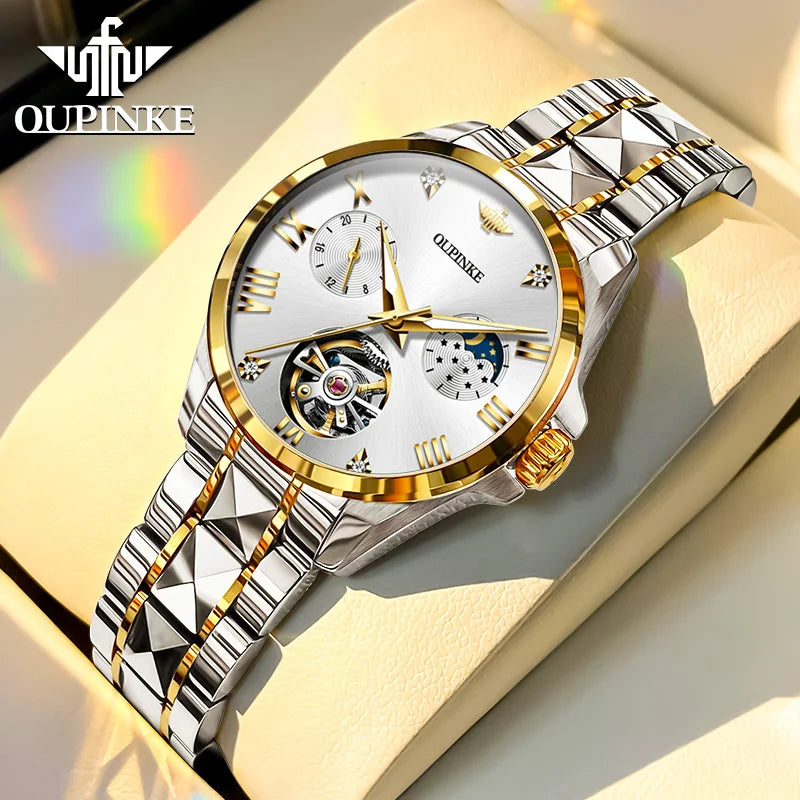 OUPINKE 3202 Women Watch Original Tungsten Steel Moon Phase Waterproof Watch Luxury Swiss Brand Women Automatic Mechanical Watch