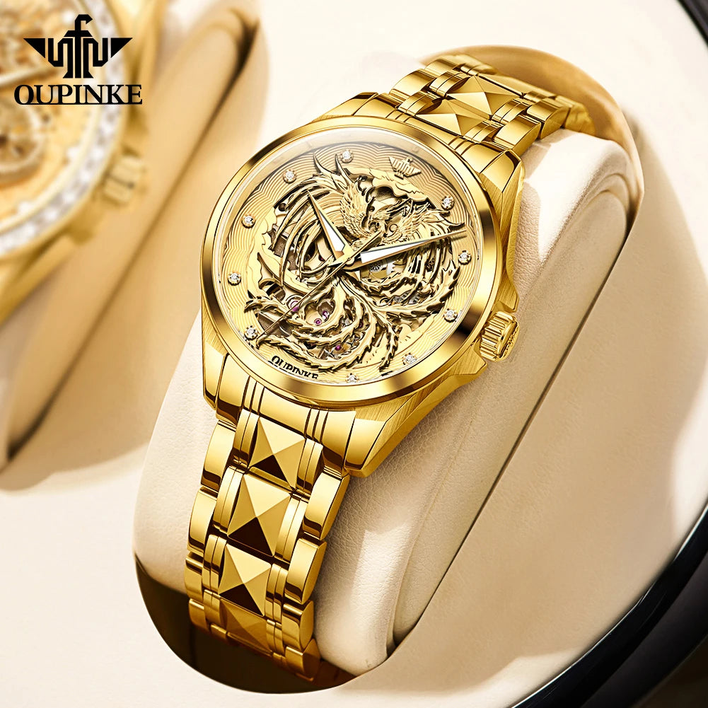 OUPINKE Top Luxury Women's Watches Golden Phoenix Dial Original Automatic Mechanical Watch for Lady Waterproof Luminous Gift Set