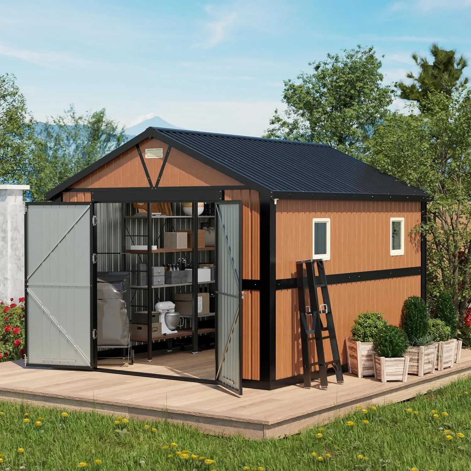 10x12 Ft Outdoor Storage Shed, Extra Large Metal Shed with Lockable Doors, 2 Windows, Outside Steel Tiny House Ideal for Garden,