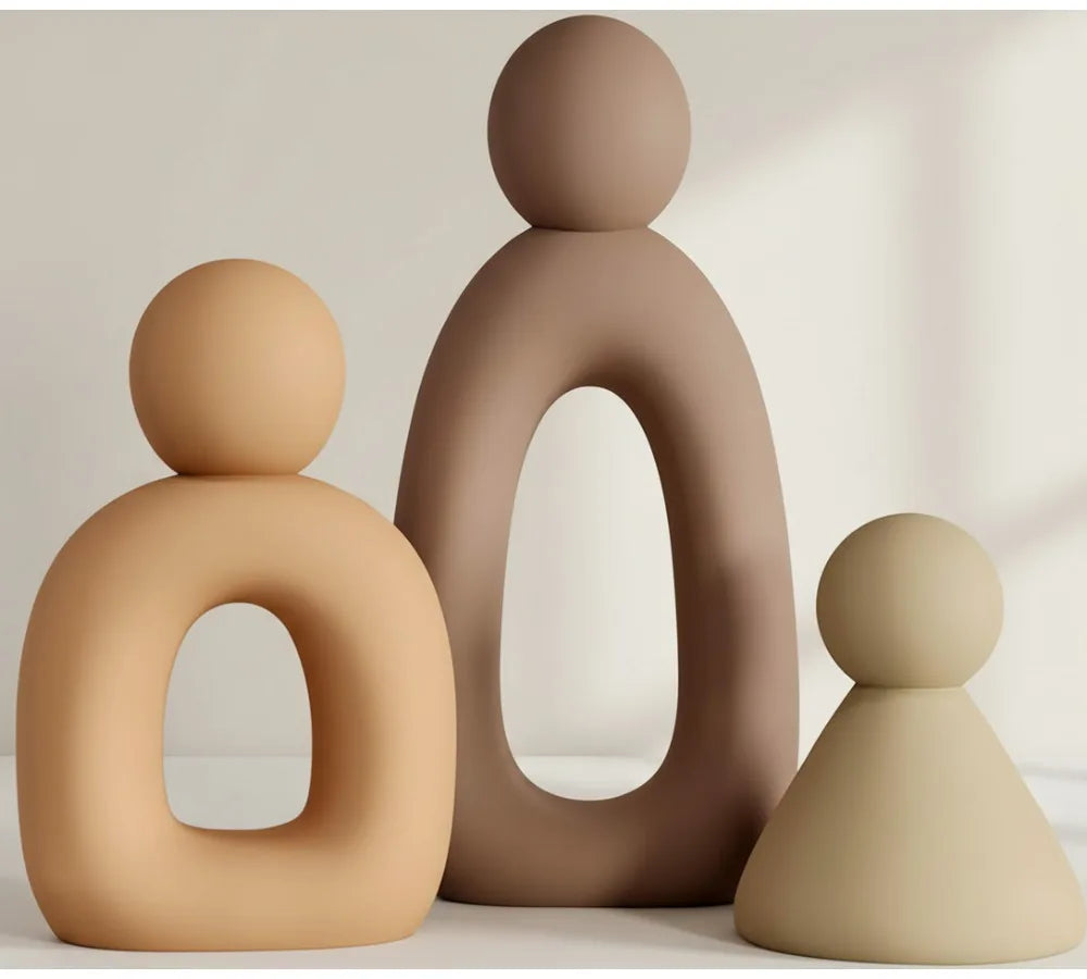 Modern Abstract Family of 3 Sculptures Home Decor Statues for Living Room Bookshelf TV Stand Grey