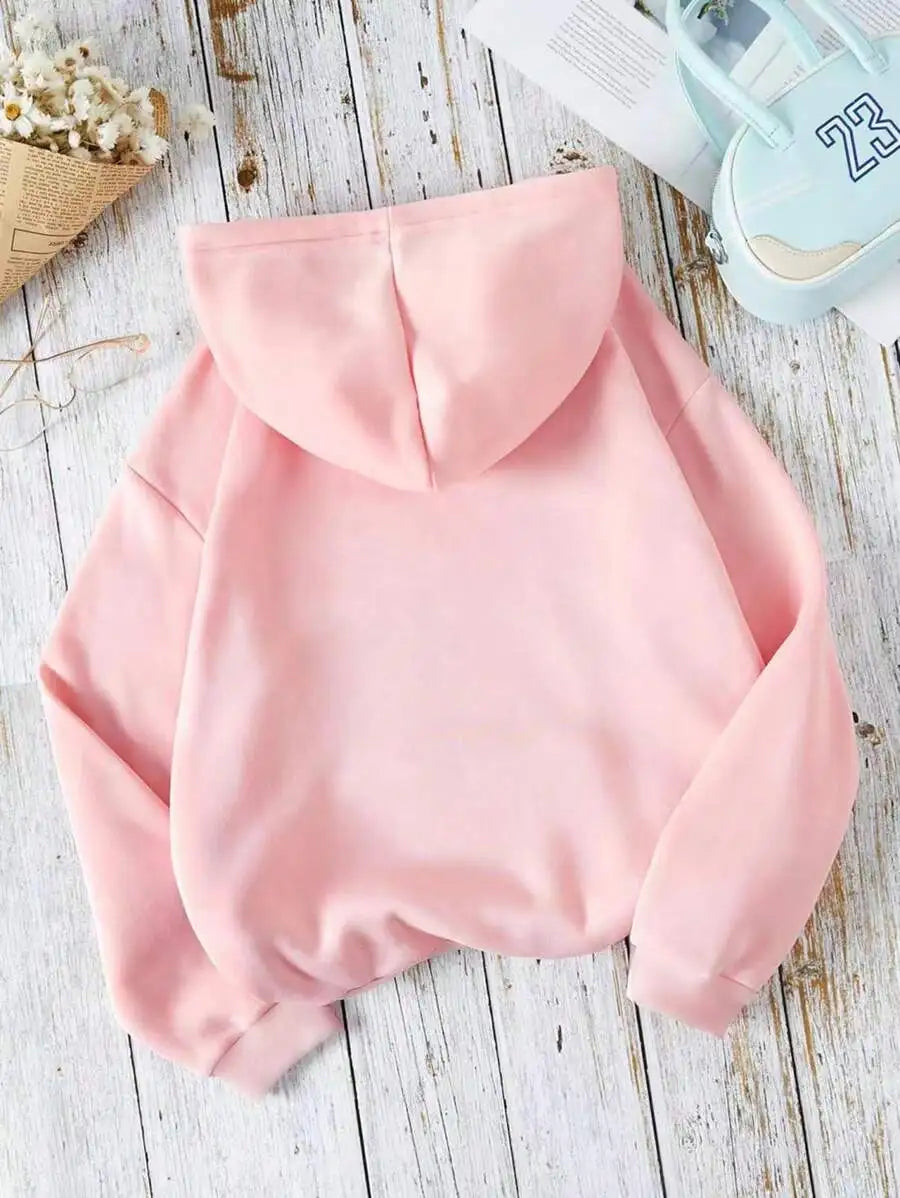 Soft Pink Kangaroo Pocket Hoodie with Drawstring, Loose Fit Long Sleeve Pullover for Women