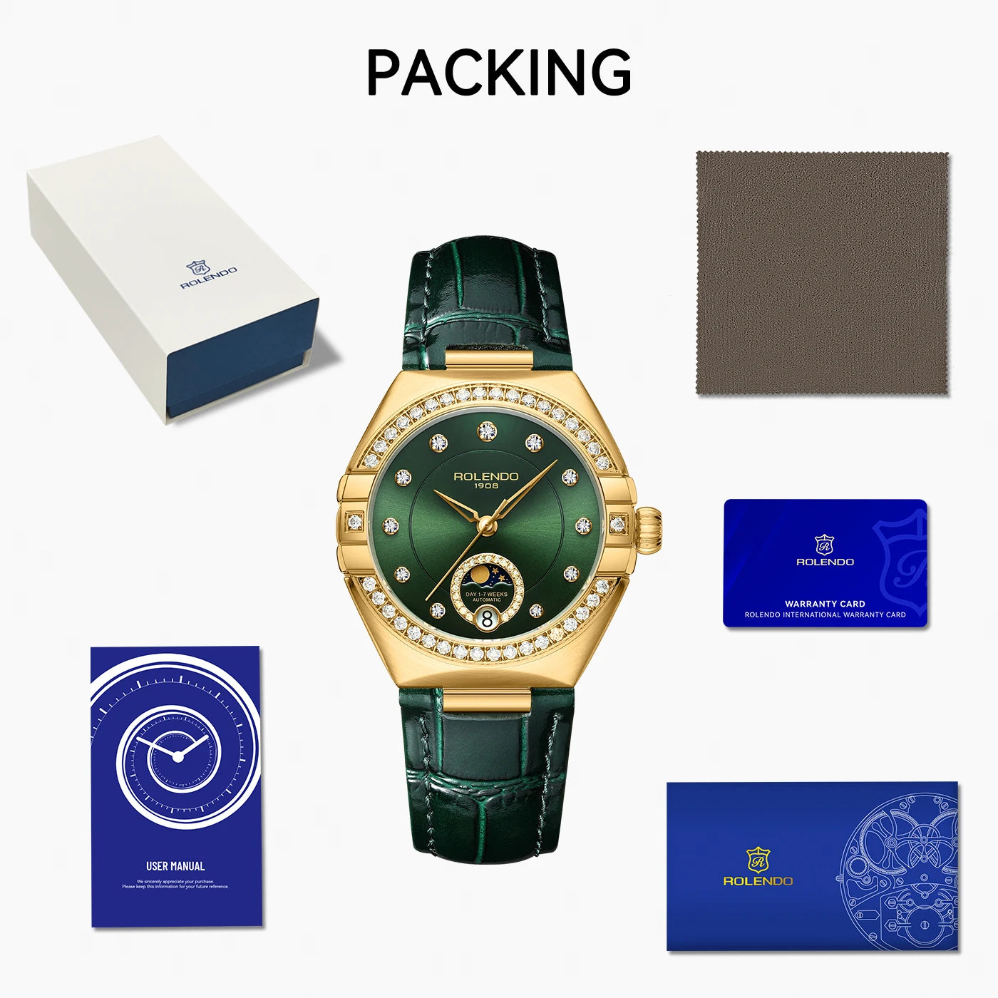 ROLENDO Constellation Style Automatic Watch Diamond-Set Emerald Sun-patterned Dial Date Sapphire 3ATM Elegant Women's Wristwatch