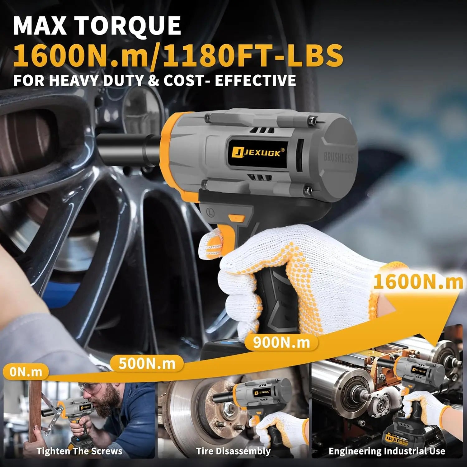 1600Nm Cordless Impact Wrench 21V 1/2' Brushless with 2x4.0Ah Batteries & 6 Sockets