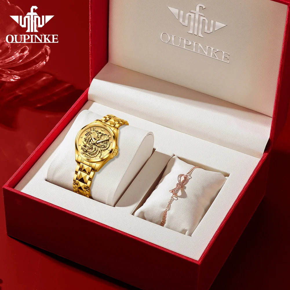 OUPINKE Top Luxury Women's Watches Golden Phoenix Dial Original Automatic Mechanical Watch for Lady Waterproof Luminous Gift Set
