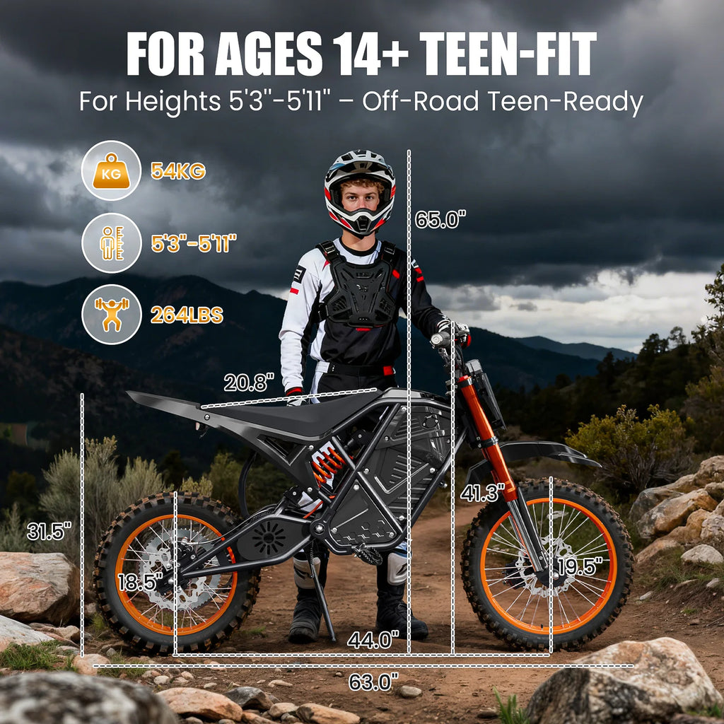 Electric Dirt Bike for Adults, 48V 3000W Peak Power Electric Motorcycle with 14"/12" Fat Tire, 37.5MPH Mountain Off-Road Ebike