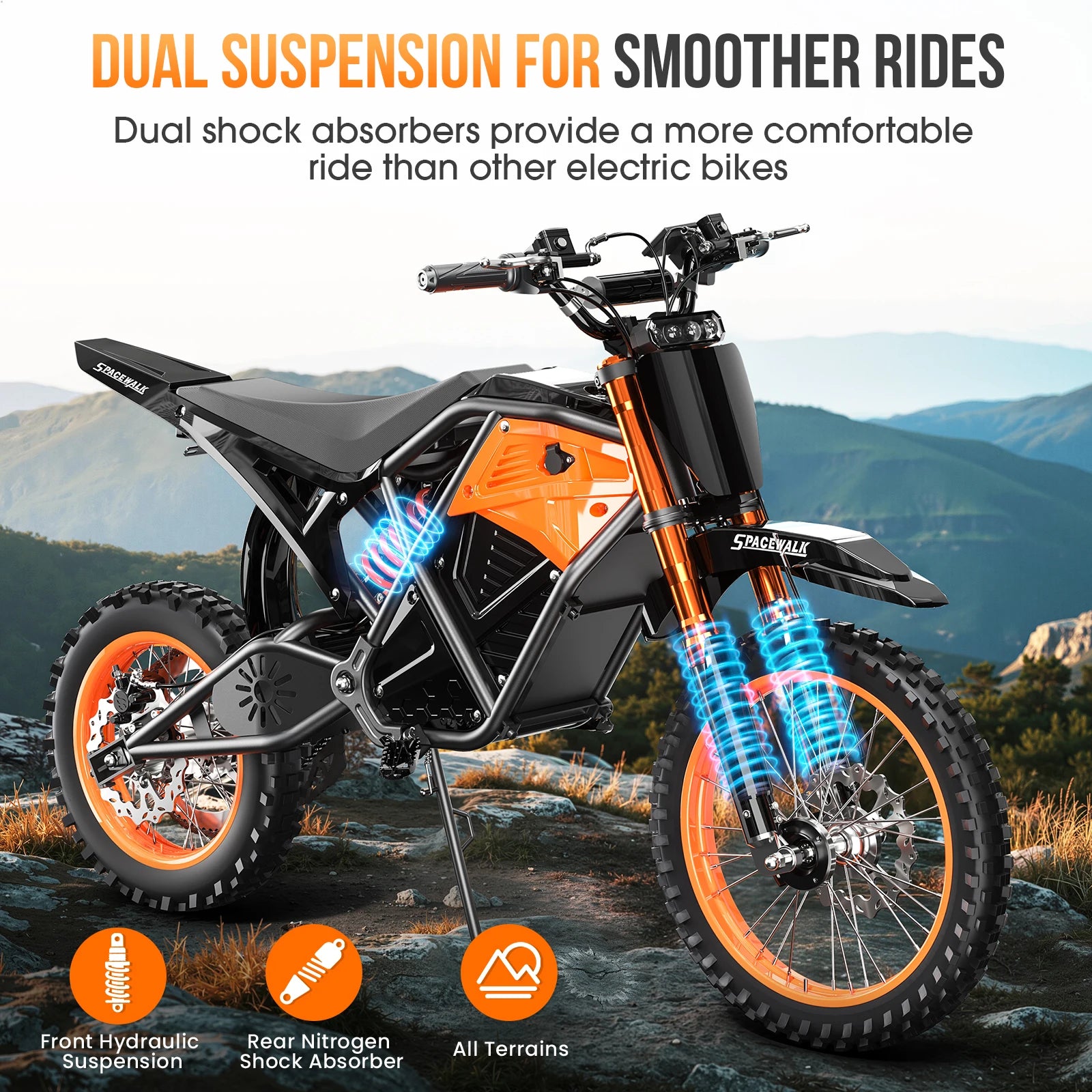 Spacewalk 48V Electric Dirt Bike for Adults, 3000W Peak Power Motor with 14"/12" Fat Tire, 37.5MPH 60 Miles Range Electric bike