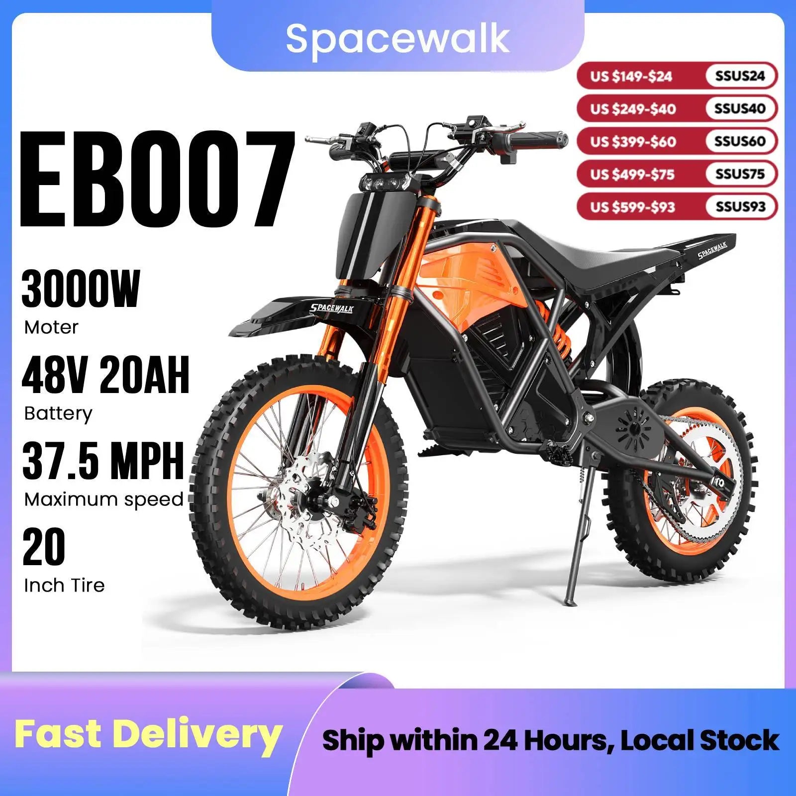 Spacewalk 48V Electric Dirt Bike for Adults, 3000W Peak Power Motor with 14"/12" Fat Tire, 37.5MPH 60 Miles Range Electric bike