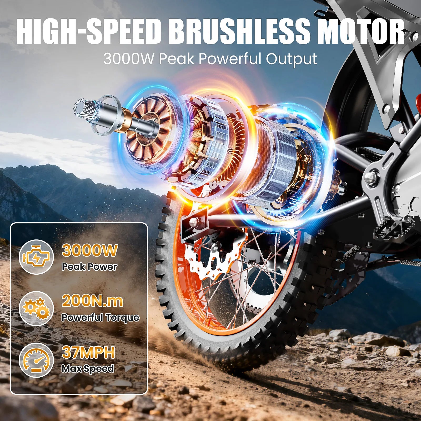 Electric Dirt Bike for Adults, 48V 3000W Peak Power Electric Motorcycle with 14"/12" Fat Tire, 37.5MPH Mountain Off-Road Ebike