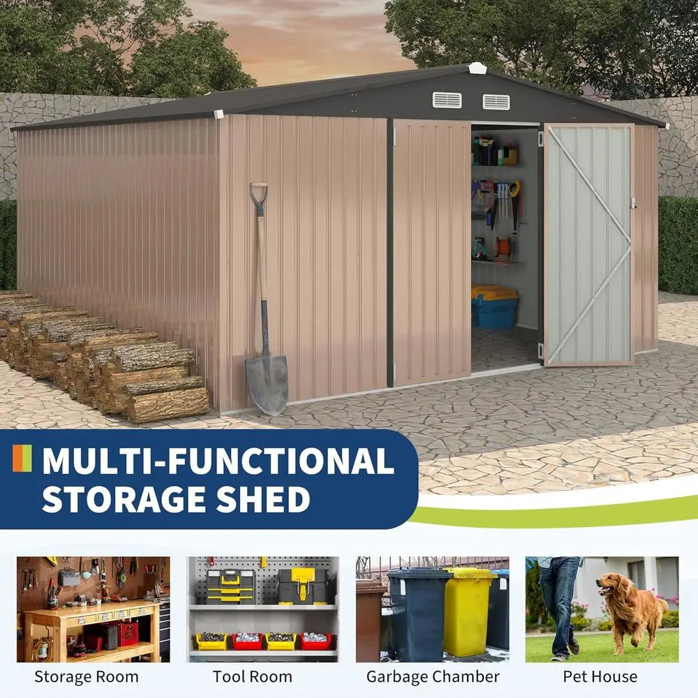 12x12 Outdoor Metal Storage Shed, Secure Lockable Door, Garden & Patio Utility Building with Air Vent